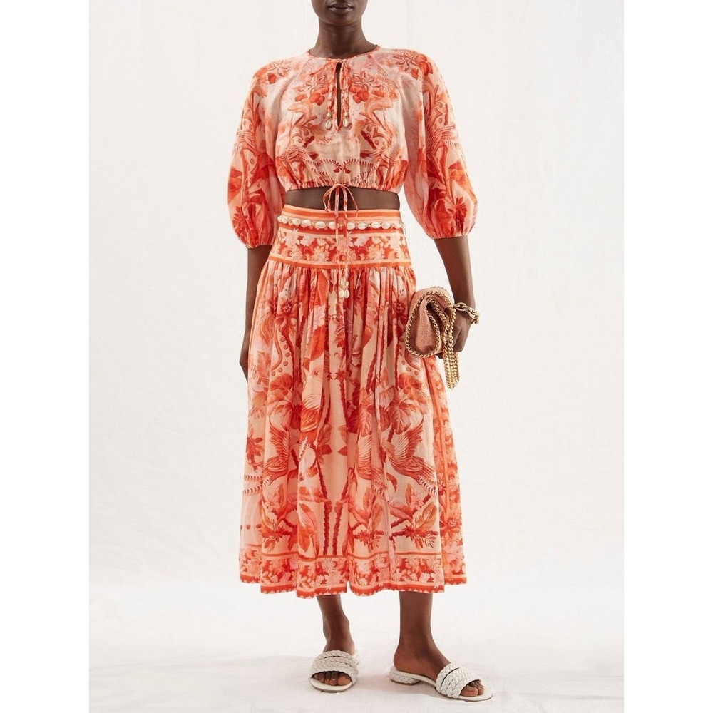 Zimmermann 2 Pc Lyre Red Orange Palm Linen Crop Top Maxi Skirt Set Size 3 8-10